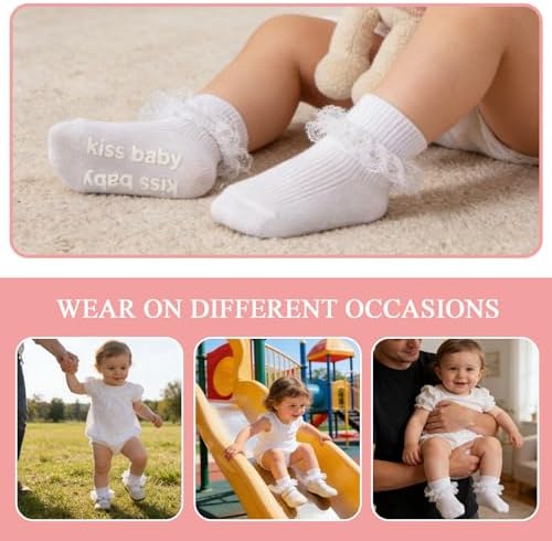 Baby Girl Ruffle Socks with Grips Lace Frilly Ankle Dress Socks - Image 4