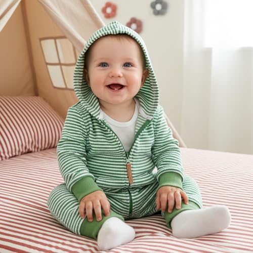 Newborn Infant Baby Boy Clothes Striped Waffle Knit Long Sleeve Zipper Hooded - Image 2