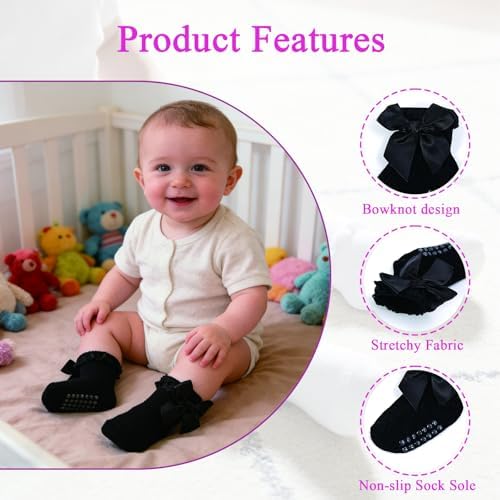 Baby Girl Socks, Ruffle Grip Bows, Toddler Newborn Infant, 6 Pairs - Image 5