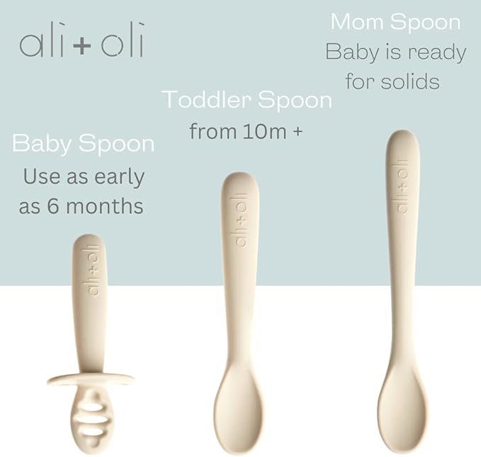 Ali+Oli 3pc Silicone Spoon Set for Baby (Coco) - Unbreakable Self-Feeding Utensils, 6 Months & Up, Multi-Stage Feeding Spoon With Ergonomic Design