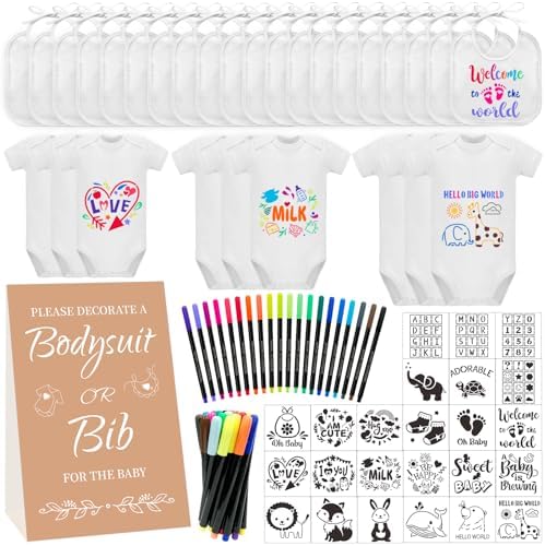 Bibs Bodysuits Baby Shower Game Sign Set Newborn Onesies Feeder Gift Fabric by Aisharery