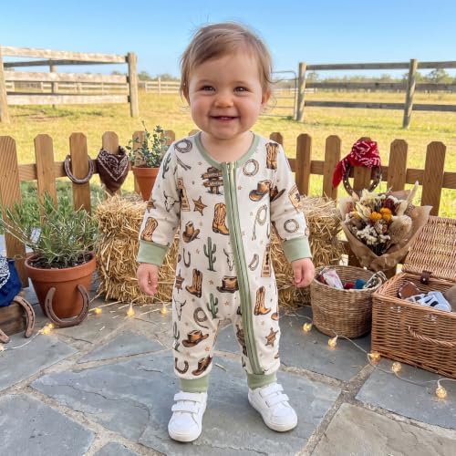 Western Baby Cowboy Clothes Neutral Zipped Fall Romper Outfit - Image 2