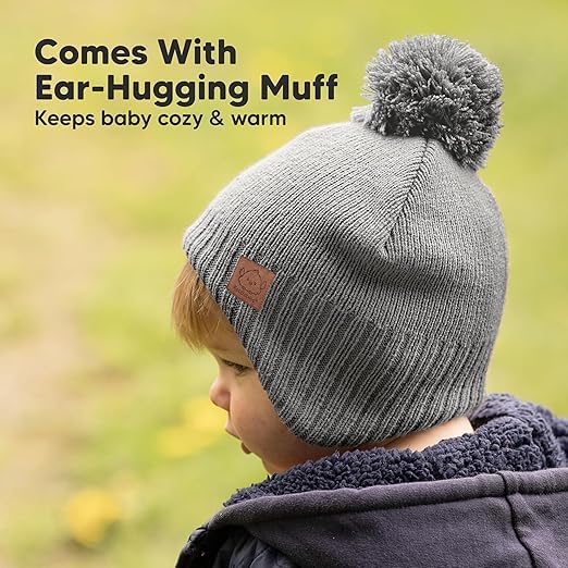 Baby Beanies, Baby Hats for Boys, Girls - Cute Toddler Winter Hat, Soft & Stretchy Beanies for Infant, Newborn 6-36 Months, Cozy & Warm with Earflap Muff & Pom (Gray)