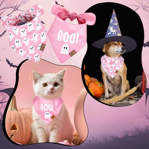 JarThenaAMCS 2Pcs Halloween Dog Bandana Pink Boo Ghost Print Fabric Pet Scarf - Image 3