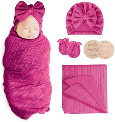AQOKKA Newborn Receiving Blanket Wheat Ear Bow Hat Mitten Set | 4 Set Receiving by AQOKKA