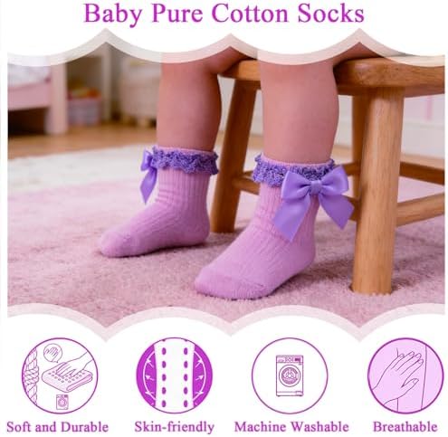 Baby Girl Socks, Ruffle Grip Bows, Toddler Newborn Infant, 6 Pairs - Image 3