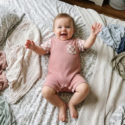 Newborn Baby Boy Girl Clothes Checkered Plaid Romper Waffle Knit Short Sleeve - Image 3