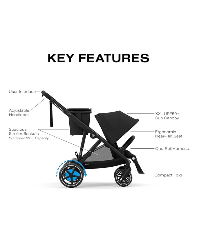 Cybex e-Gazelle S Electronic Assist Stroller – Gazelle S Single-to-Double Electric Stroller, Smart Assist, Rocking Mode, 20+ Configurations & Compact Fold, Moon Black with Black Frame