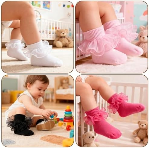 Baby Girls Ruffle Socks Double Layer Lace Turn Cuff Dress Socks - Image 2