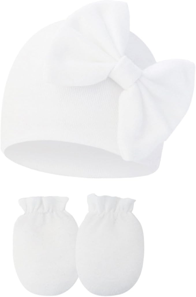 UTTPLL Newborn Beanies Cap No Scratch Mittens Set 0-6 Months Infant Bow Caps by UTTPLL
