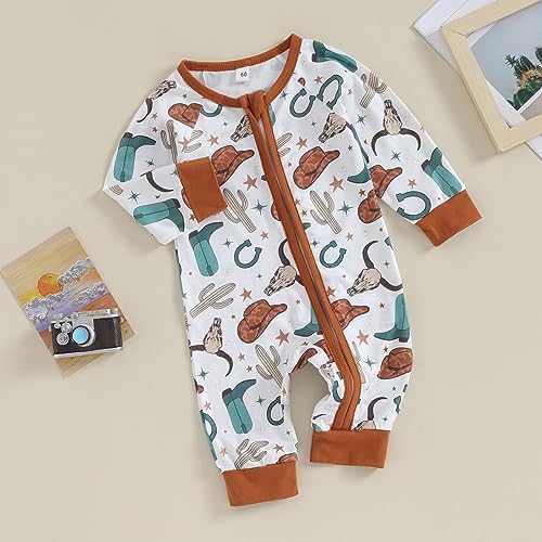 Western Baby Cowboy Clothes Neutral Zipped Fall Romper Outfit - Image 2