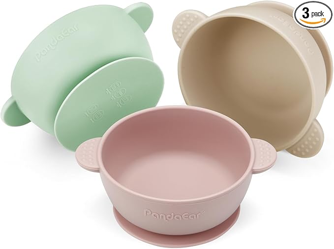 PandaEar 3 Pack Baby Bowls with Suction| Stay Put Silicone Food Bowl for Babies Kids Toddlers Infants| Food Grade Soft Safe BPA-Free Silicone (Pink Green Light Tan)