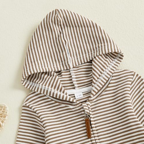 Newborn Infant Baby Boy Clothes Striped Waffle Knit Long Sleeve Zipper Hooded - Image 6