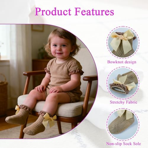 Baby Girl Socks, Ruffle Grip Bows, Toddler Newborn Infant, 6 Pairs - Image 5