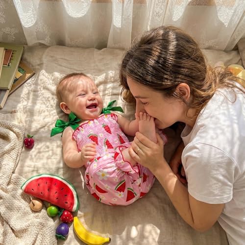 Baby Girl Watermelon Outfit Sleeveless Bubble Romper Strawberry Print Smocked - Image 4