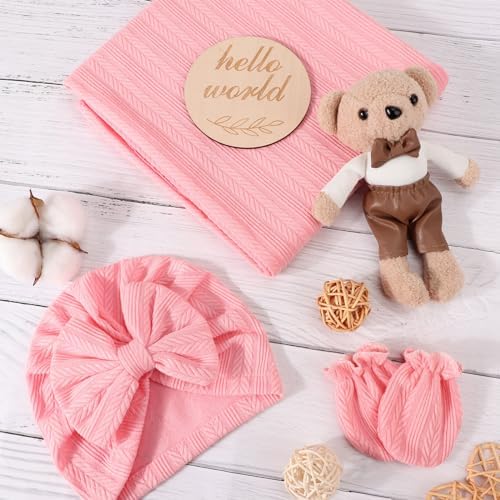 AQOKKA Newborn Receiving Blanket Wheat Ear Bow Hat Mitten Set | 4 Set Receiving - Image 2