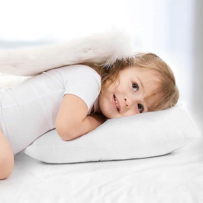 Nestl 4 Pack Toddler Pillow for Sleeping 13 x 18, Small Kids Pillow for Travel, Car, School, Nap, & Toddler Bed, Machine Washable Soft Cotton Toddler Pillow 2 Year Old and Up - White