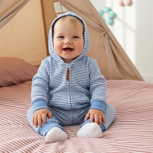 Newborn Infant Baby Boy Clothes Striped Waffle Knit Long Sleeve Zipper Hooded - Image 2