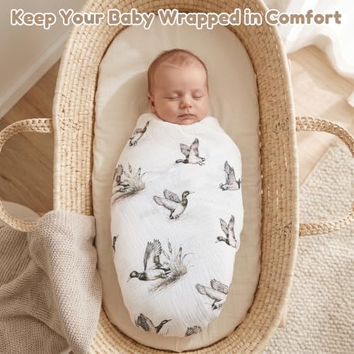Muslin Swaddle Blankets for Girls Boys 2 Pack, Duck & Beige - Image 2