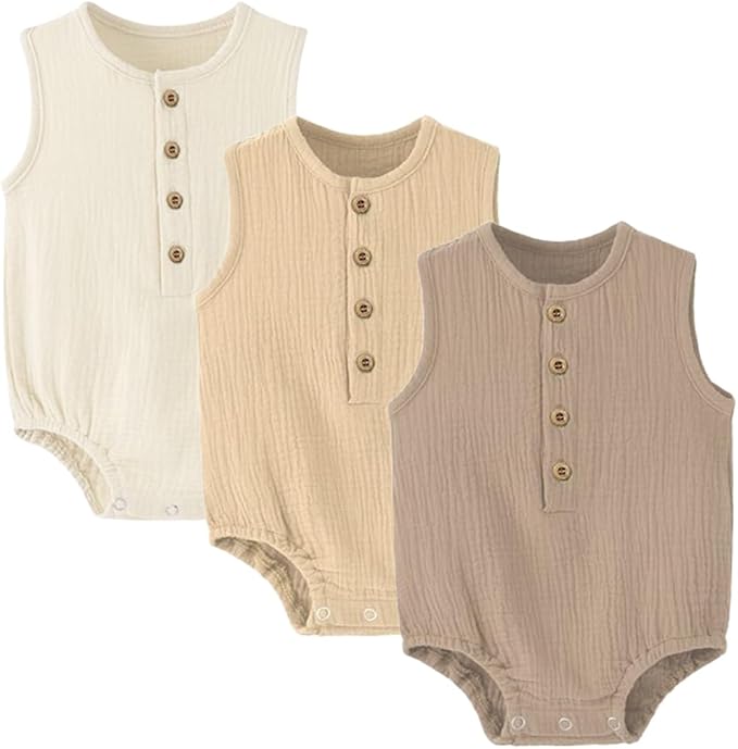 Baby Boy Romper 3 Pack Sleeveless Cotton Linen Tank Top Bodysuit | Breathable by WATOCHE