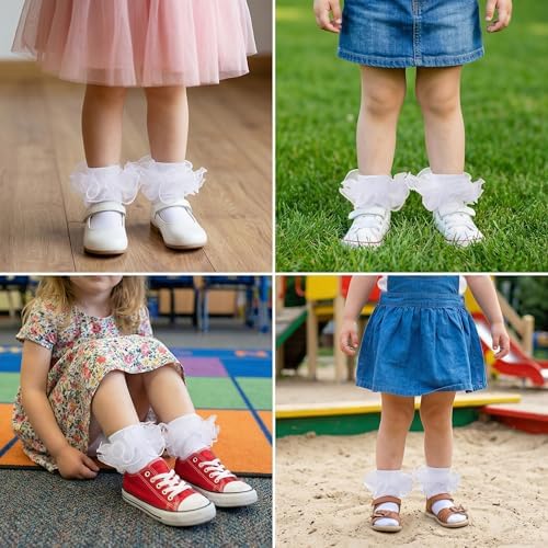 Topbuti 4 Pairs Baby Girls Ruffle Socks Double Lace Frilly Turn Cuff Cotton - Image 6