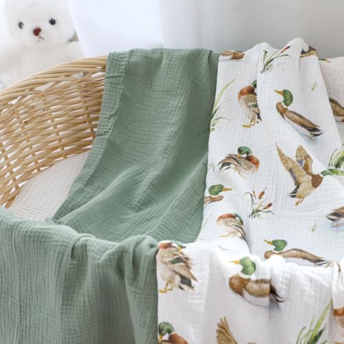 Muslin Swaddle Blankets for Girls Boys 2 Pack, Mallard Duck & Green - Image 7