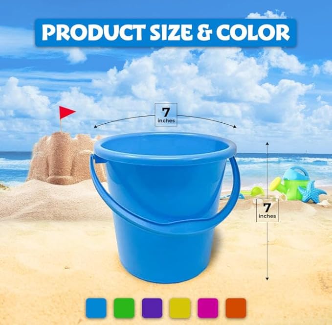 Podzly 108 Pack Beach Pails Sand Buckets - 7" Large Beach Pails with Handles for Kids - Colorful Beach Toys for Sand Molds & Castles - Great Sand Buckets - Fun and Learning Accessory for Kids!