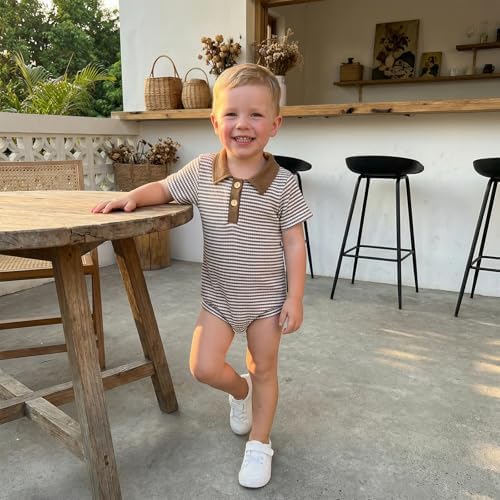 VISGOGO Baby Boy Striped Romper Waffle Short Sleeve Button Oversized Bodysuit - Image 3