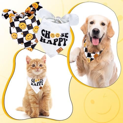 JarThenaAMCS 2Pcs Choose Happy Smile Face Dog Bandana Boho Black White - Image 3