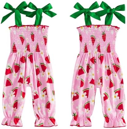 Baby Girl Watermelon Outfit Sleeveless Bubble Romper Strawberry Print Smocked - Image 6