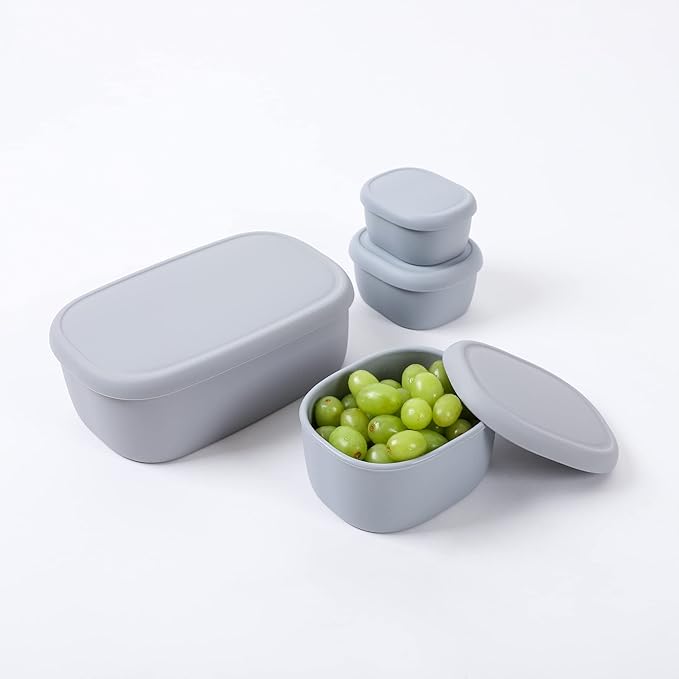 BLUE GINKGO Nesting Silicone Containers - Large Silicone Food Storage Container | BPA Free, Airtight, Dishwasher and Freezer Safe (47.5 oz) - Grey