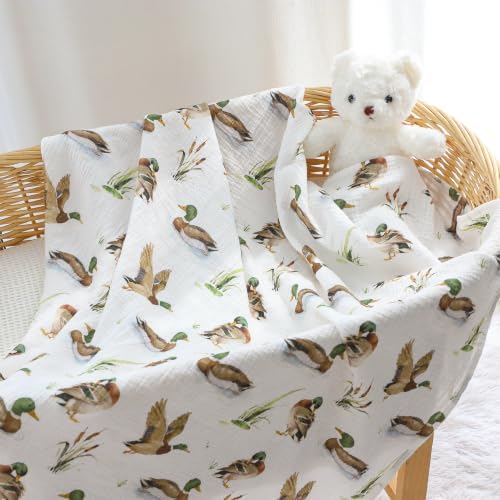 Muslin Swaddle Blankets for Girls Boys 2 Pack, Mallard Duck & Green - Image 3