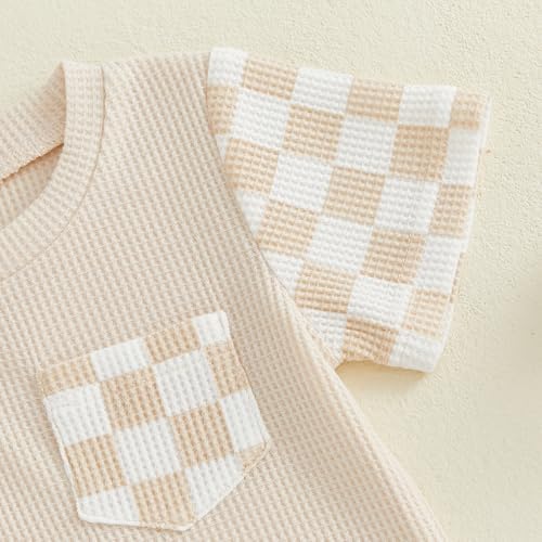 Newborn Baby Boy Girl Clothes Checkered Plaid Romper Waffle Knit Short Sleeve - Image 6