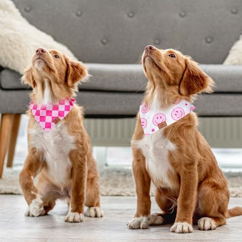 JarThenaAMCS 2Pcs Pink Smile Face Dog Bandana Hot Pink Happy Face Checkered - Image 4