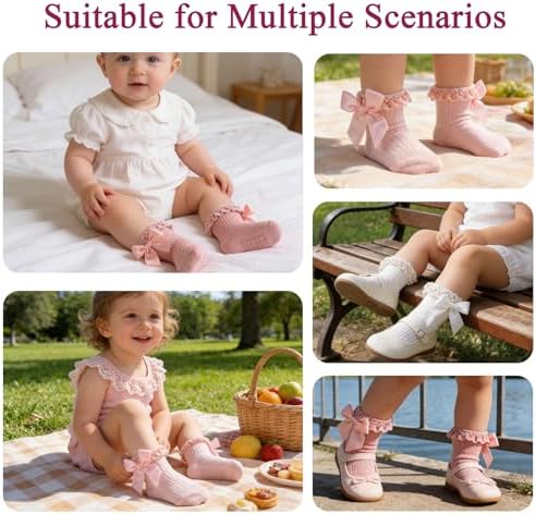 Baby Girl Socks, Ruffle Grip Bows, Toddler Newborn Infant, 6 Pairs - Image 6