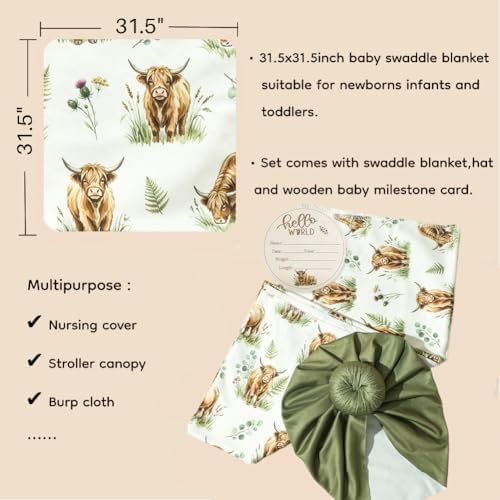 Ylsteed Baby Highland Cow Swaddle Blanket and Headband Set, Newborn Receiving - Image 5