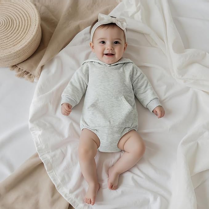 Newborn Baby Girl Boy Hoodie Romper Solid Long Sleeve Hooded Sweatshirt - Image 5