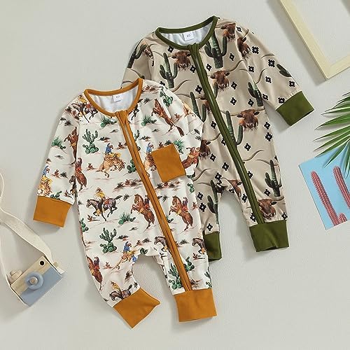 Western Baby Cowboy Clothes Neutral Zipped Fall Romper Outfit - Image 2