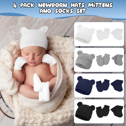 Cuffbow 4 Pcs Preemie Baby Hats Mittens and Socks Set Newborn Cotton Warm Socks - Image 3