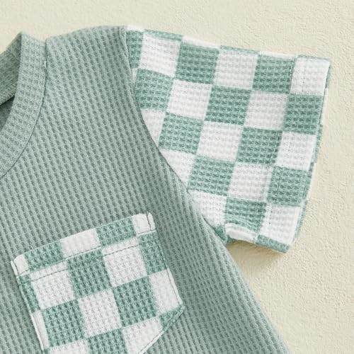 Newborn Baby Boy Girl Clothes Checkered Plaid Romper Waffle Knit Short Sleeve - Image 6
