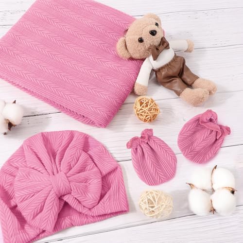 AQOKKA Newborn Receiving Blanket Wheat Ear Bow Hat Mitten Set | 4 Set Receiving - Image 2