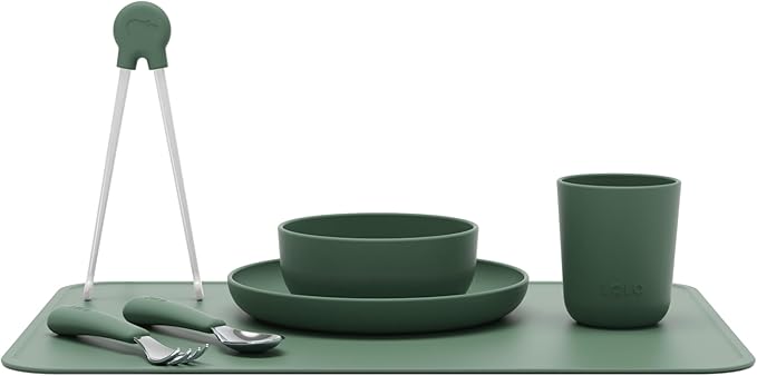 Lalo Big Bites Kids Dinnerware Full Set - Dishwasher Safe, BPA Free, Kids Tableware Set - Includes Stackable Bowl, Plate, Utensils & Cup - 7 Pieces - Olive