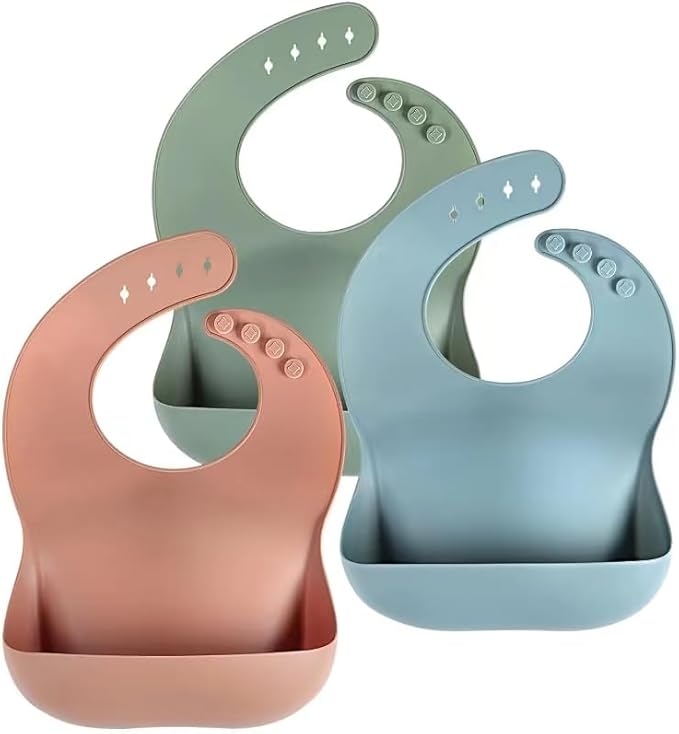 Cuddle Campus Set of 3 Silicone Bibs for Babies & Toddlers,Soft Adjustable Bibs with Pocket Food Catcher for Baby Girl,Boy