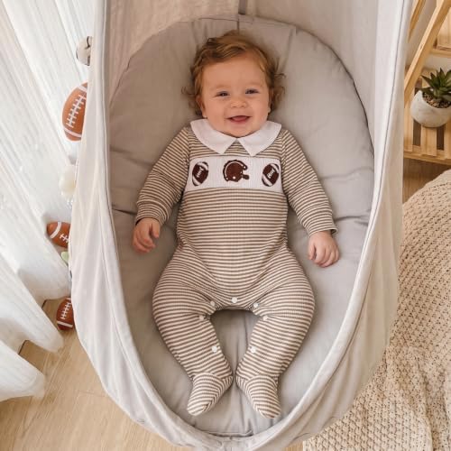 Bagilaanoe Newborn Baby Boy Footie Romper Waffle Knit Outfit Fall Jumpsuit | - Image 2
