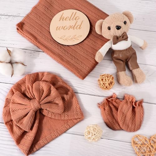 AQOKKA Newborn Receiving Blanket Wheat Ear Bow Hat Mitten Set | 4 Set Receiving - Image 2