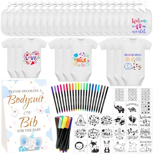 Bibs Bodysuits Baby Shower Game Sign Set Newborn Onesies Feeder Gift Fabric by Aisharery