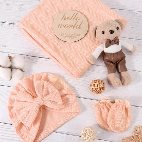 AQOKKA Newborn Receiving Blanket Wheat Ear Bow Hat Mitten Set | 4 Set Receiving - Image 2