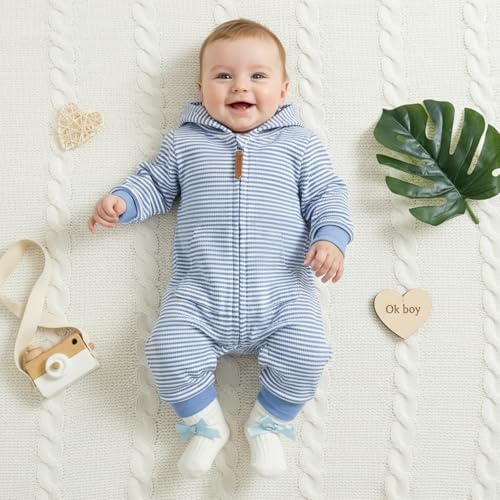 Newborn Infant Baby Boy Clothes Striped Waffle Knit Long Sleeve Zipper Hooded - Image 3