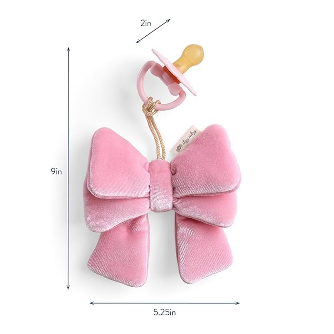 Itzy Ritzy Pacifier & Lovey Set - Natural Rubber Paci with Stuffed Animal Lovey - Detachable Velour Bow Pacifier Holder & Coordinating Natural Rubber Soother, Ideal for Ages 0-6 Months (Bow)