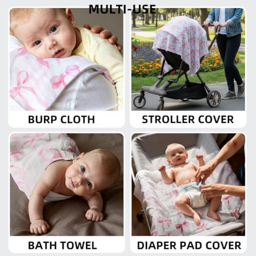 2 Pack Pink Bow Muslin Swaddle Blankets 70% Bambo 30% Cotton Breathable - Image 7